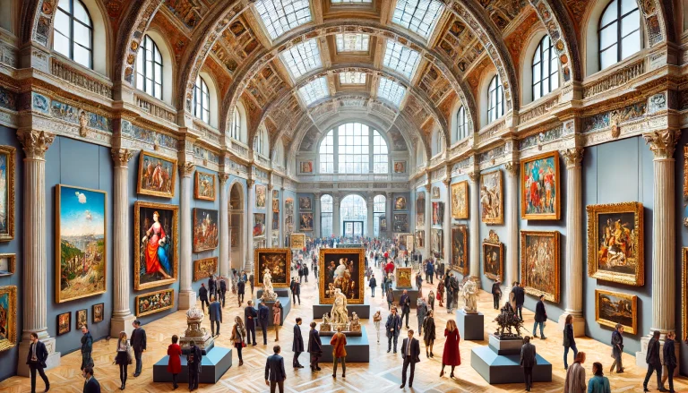 Art Gallery Tours in Milan. Visitors admiring vibrant artworks in a top art gallery in Milan.