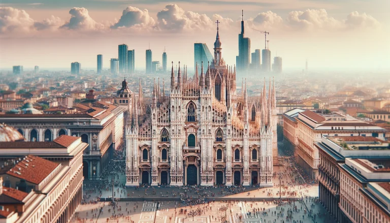 Best Cultural Trips in Milan. The majestic Duomo di Milano with tourists exploring, symbolizing Milan's rich cultural heritage.