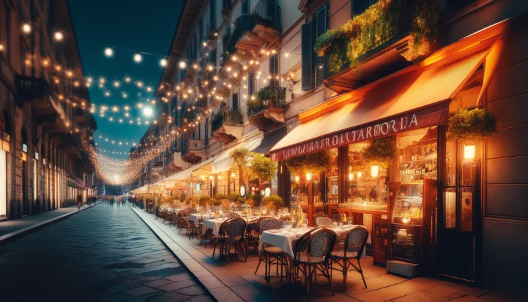 Best Milanese Restaurants. Bustling Milanese street with cozy trattorias and outdoor seating, showcasing the vibrant dining culture.