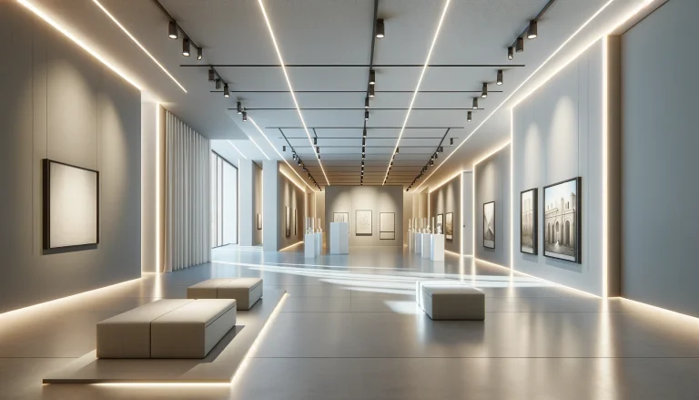 Contemporary Design Galleries. A sleek, modern gallery space with minimalist design. Clean lines, neutral colors, and innovative lighting showcase the contemporary art on display.