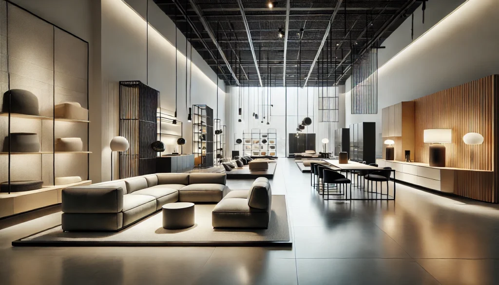 Contemporary Furniture Stores. A sleek, modern furniture showroom in Milan, showcasing minimalist decor and stylish contemporary furniture pieces under bright lighting.