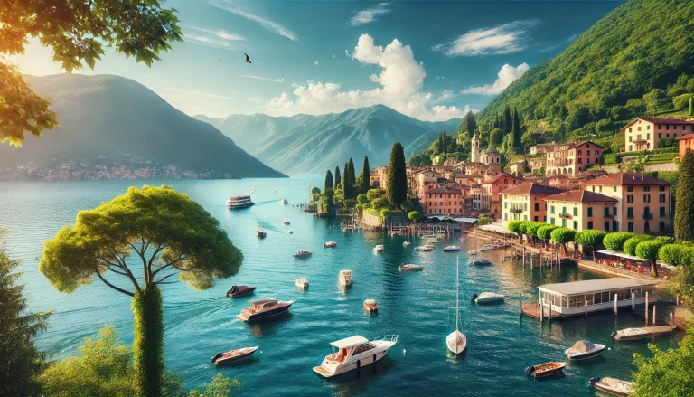 Cultural Day Trips from Milan. Scenic view of Lake Como with serene waters, lush greenery, and charming lakeside towns perfect for cultural day trips from Milan.