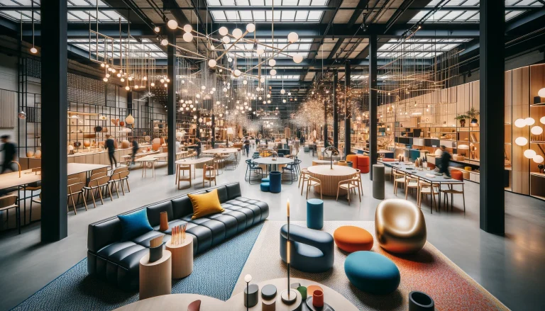 Designers Shaping Milan. A bustling Milan design studio filled with sleek furniture, bold colors, and innovative materials, showcasing contemporary Italian designers.