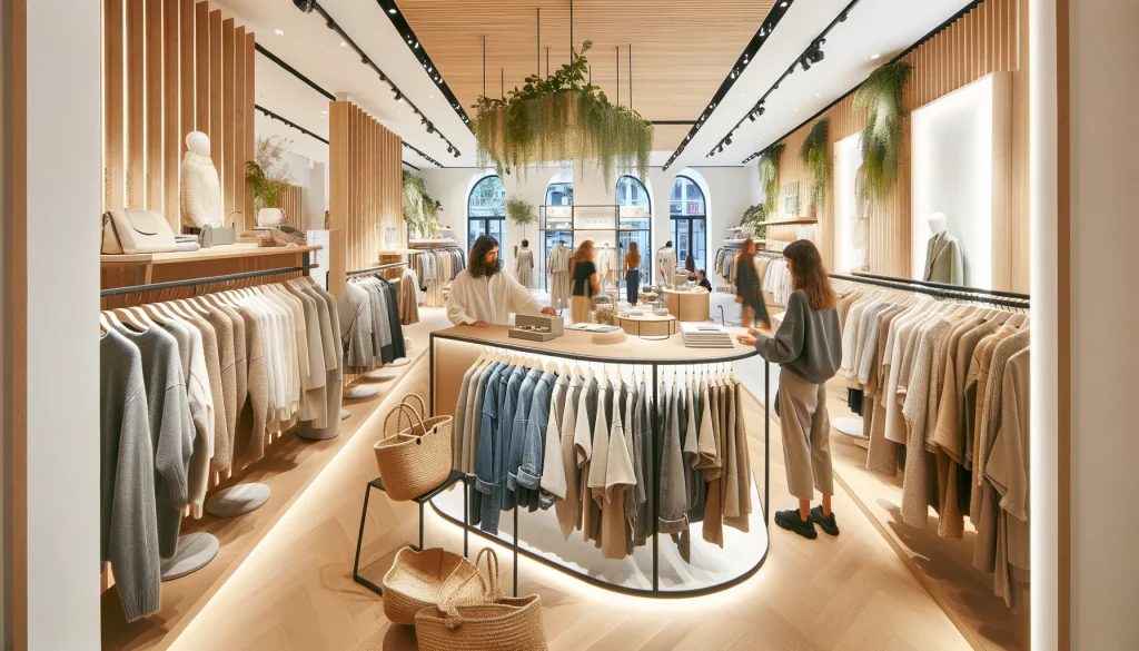 Eco-Friendly Fashion Stores. A bright, modern eco-friendly fashion store in Milan, featuring stylish, sustainable clothing and environmentally conscious design elements.