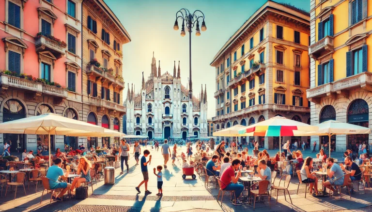 Family-Friendly Itinerary for Milan. Families enjoying gelato in a Milan city square with the Duomo di Milano in the background.