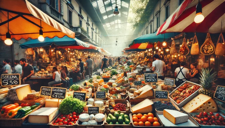 Food Tour Itinerary in Milan. Vibrant street food market in Milan with colorful stalls selling fresh produce, artisanal cheeses, and various street food items.
