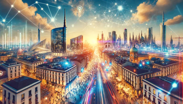 Funding Opportunities for Startups. A bustling cityscape with iconic landmarks of Milan, showcasing a mix of modern and historic architecture. Brightly lit skyscrapers and vibrant streets symbolize the thriving startup scene.