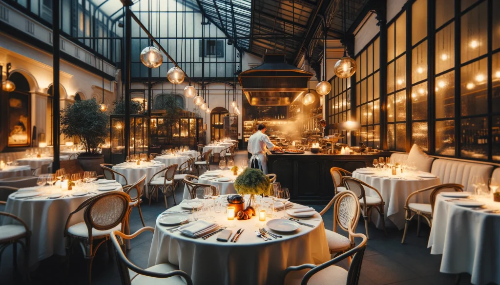 Michelin-Starred Dining in Milan. Cozy candlelit restaurant in Milan with elegant table settings, showcasing affordable Michelin-starred dining.