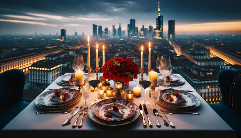 Michelin-Starred Restaurants in Milan. Candlelit table with gourmet dishes in a Michelin-starred restaurant in Milan.