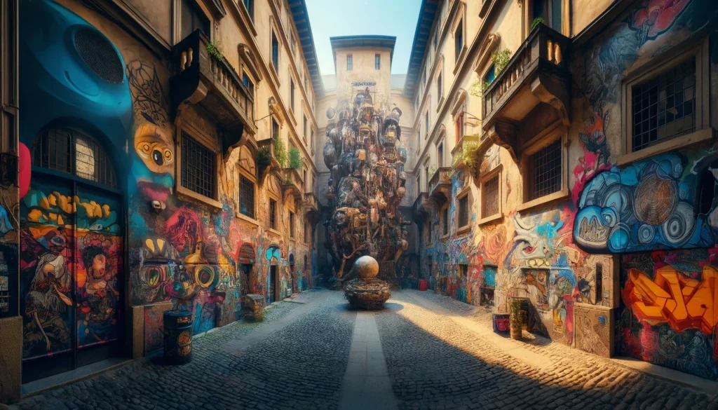 Milan Hidden Art Installations. Vibrant murals and unexpected art installations hidden in Milan's bustling streets and quiet corners, reflecting the city's rich cultural tapestry.