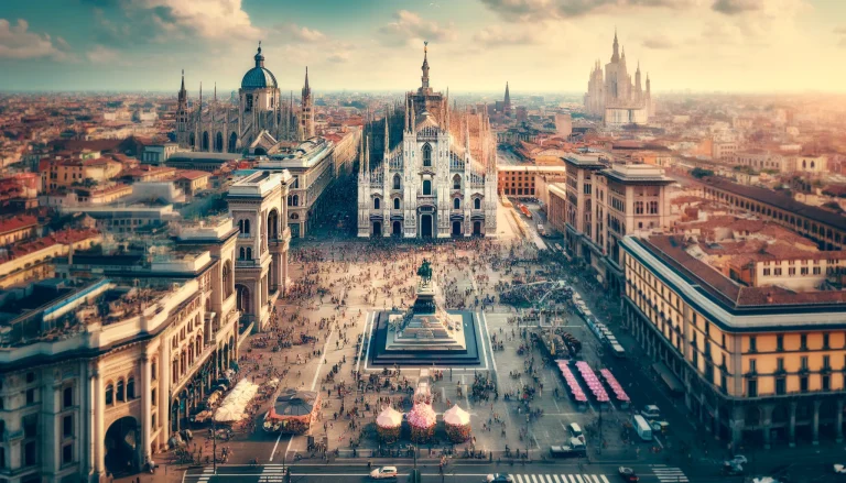 Milan Tourist Itineraries. Aerial view of Milan's iconic landmarks, including the Duomo, Sforza Castle, and vibrant city streets bustling with tourists and locals.