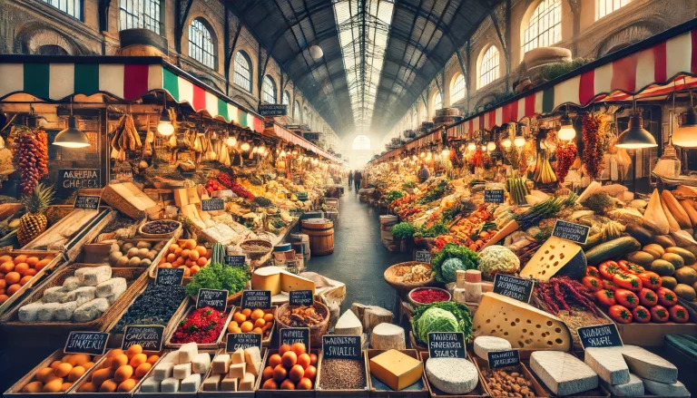 Milanese Food Markets. Bustling Milanese food market with vibrant stalls of fresh produce, cheeses, and local delicacies.