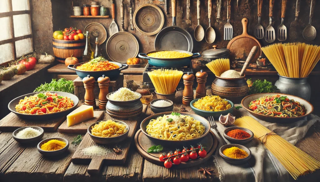 Milanese Pasta Dishes. A beautifully arranged table featuring classic Milanese pasta dishes like Risotto alla Milanese, surrounded by rustic Italian decor and traditional cookware.