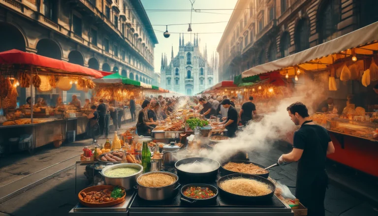 Milanese Street Food. Colorful food stalls in Milan's street market offering various delicious street foods with aromatic steam rising from sizzling pans.