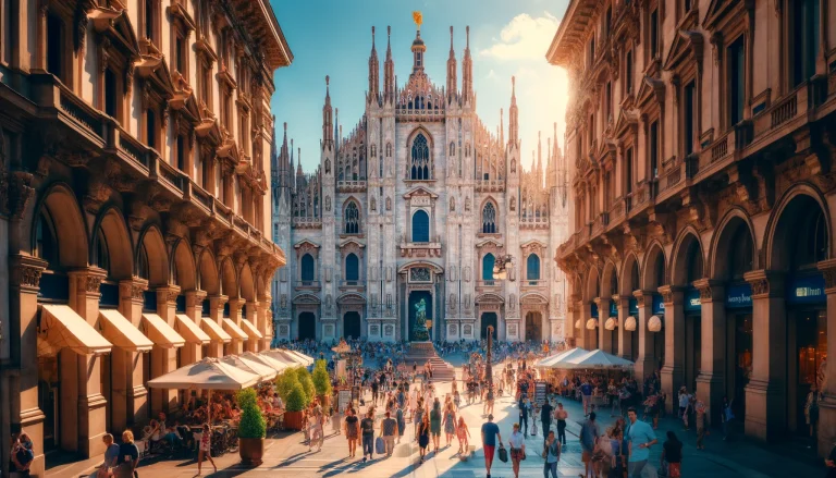 One-Day Itinerary for Milan. The sun shines over the iconic Duomo di Milano, while locals and tourists stroll through the bustling streets lined with elegant shops and cafes.