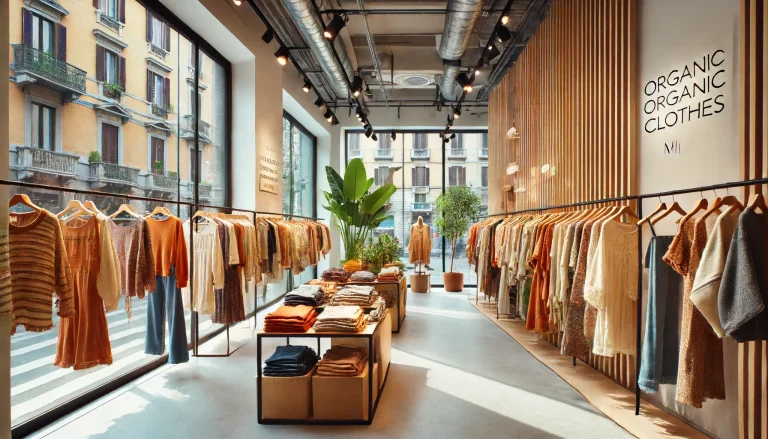 Organic Clothes in Milan. A bright and modern boutique in Milan displays racks of stylish organic clothes with eco-friendly labels. The store's large windows allow natural light to illuminate the sustainable fabrics and earthy colors.