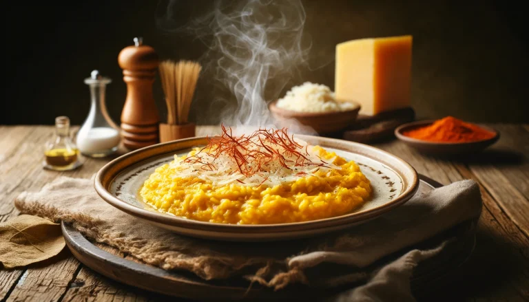 Risotto alla Milanese in Milan. A steaming plate of creamy saffron risotto alla Milanese garnished with Parmesan cheese.