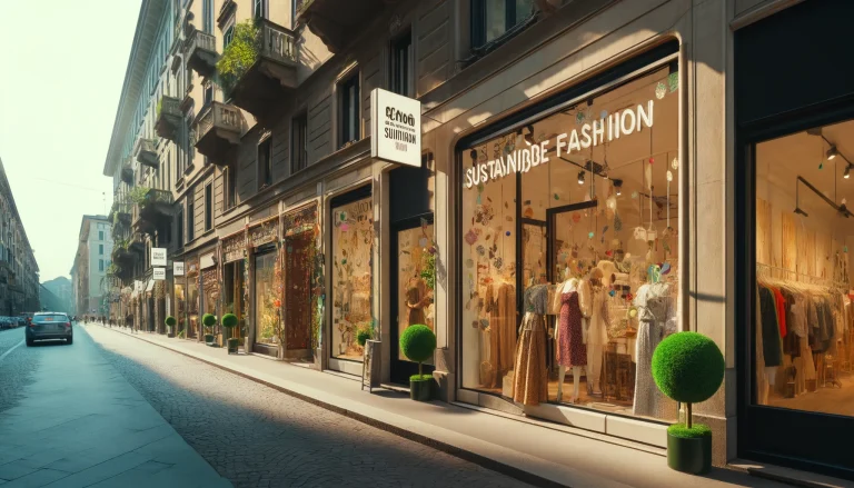 Sustainable Fashion Designers in Milan. Milan street showcasing sustainable fashion boutiques with eco-friendly designs.