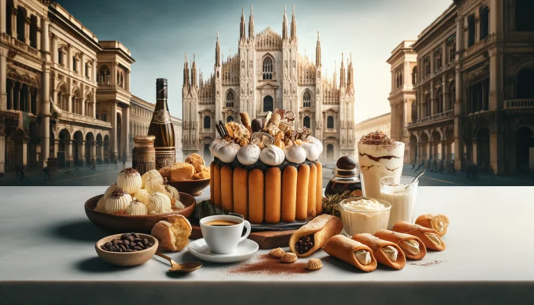 Traditional Milanese Desserts. Traditional Milanese dessert table with panettone, tiramisu, and cannoli against a backdrop of Milan's landmarks.