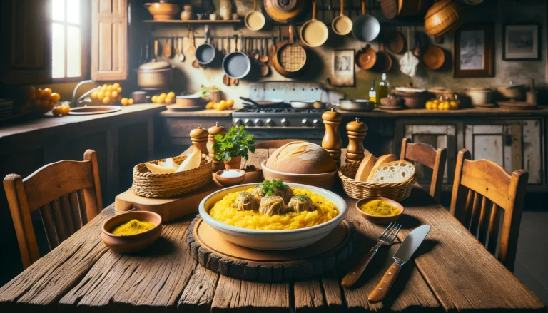 Traditional Milanese Recipes. A table set with traditional Milanese dishes: risotto alla Milanese, ossobuco, and panettone, capturing the essence of Milanese culinary heritage.