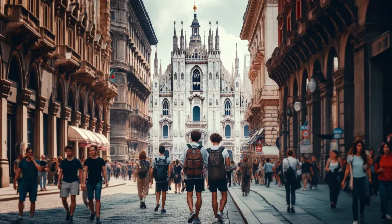 Walking Tours in Milan. Tourists exploring Milan's historic streets with the Duomo in the background, capturing the vibrant city life and iconic architecture.