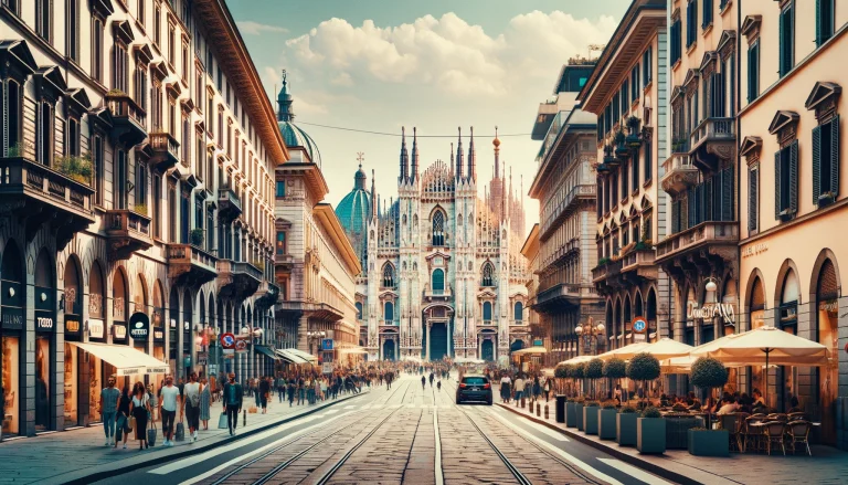 Weekend Trip Itinerary. A vibrant street in Milan featuring the iconic Duomo di Milano, lined with historic buildings and modern cafes, capturing the essence of a weekend trip itinerary.