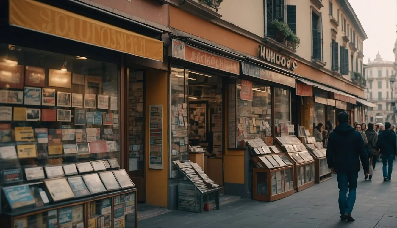 A bustling street in Milan lined with vintage record stores, their colorful storefronts and vibrant signage drawing in music enthusiasts from all around
