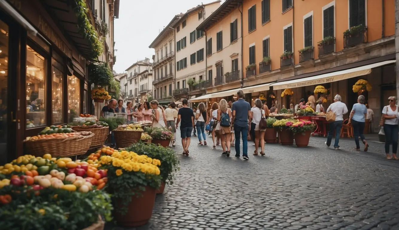 A bustling street in Milan, with colorful Ringhiera houses lining the cobblestone road. Tourists and locals mingle, while a sign reads "Frequently Asked Questions Ringhiera."