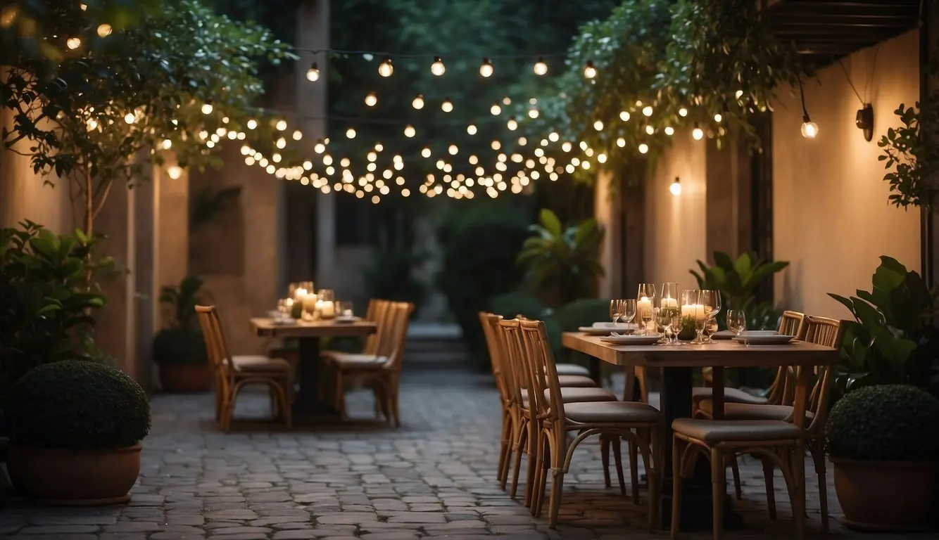 A dimly lit courtyard with twinkling fairy lights, surrounded by lush greenery and elegant tables set for two, creating an intimate and romantic atmosphere