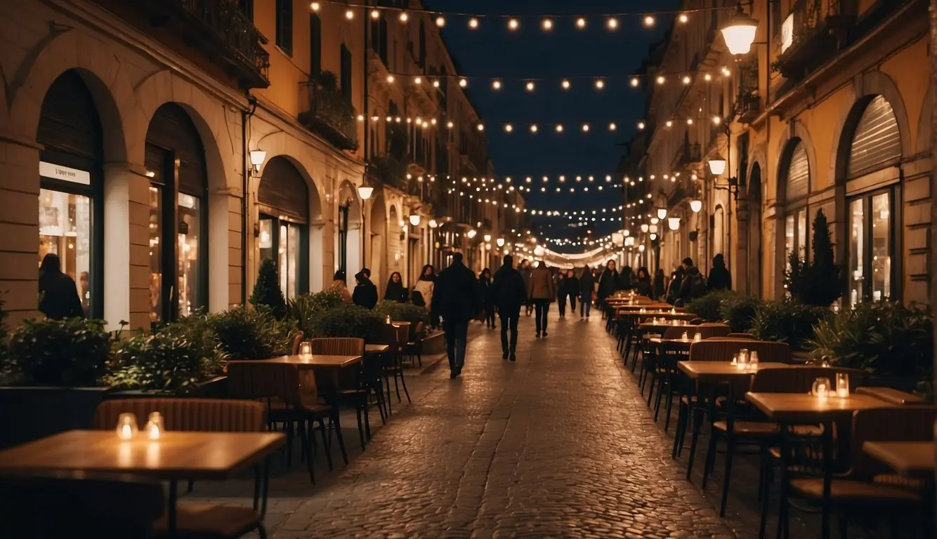 A bustling street in Milan, lined with cozy, dimly lit romantic restaurants and vibrant nightlife hotspots. Outdoor seating and twinkling lights create a warm and inviting atmosphere