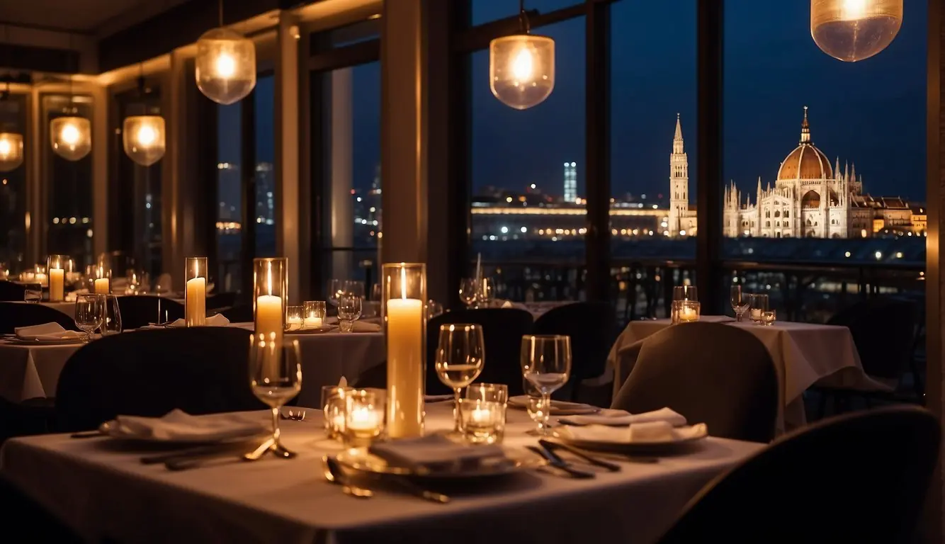 Candlelit tables in an elegant Milanese restaurant, with soft music and a view of the city at night