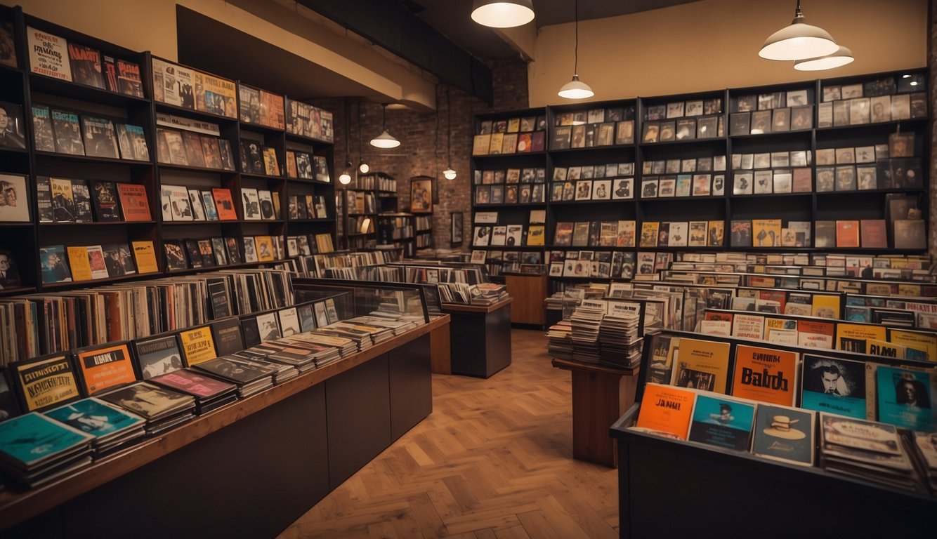 Vintage record stores in Milan display rows of colorful vinyl records, with classic album covers and retro signage. Customers browse through the collection, while the shop owner organizes the shelves