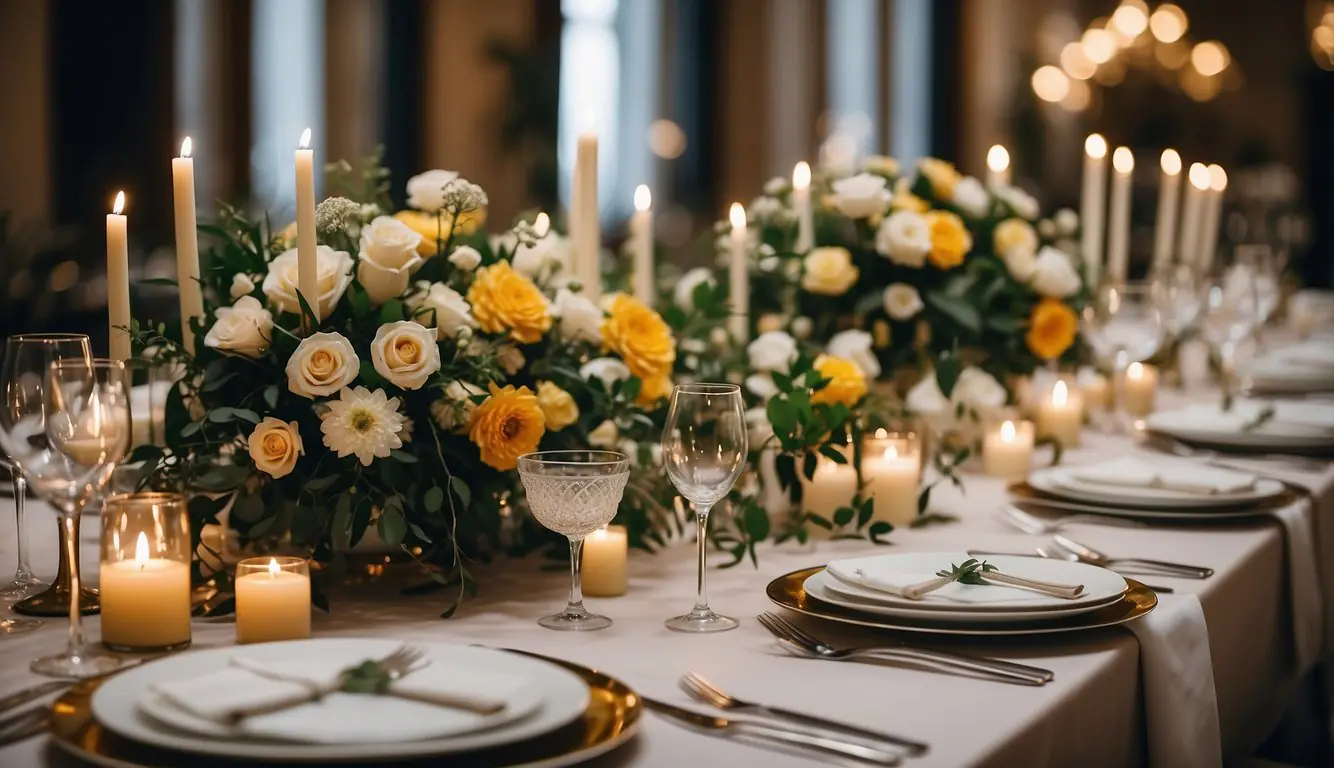 A beautifully set table with elegant place settings and floral centerpieces for a wedding reception in Milan