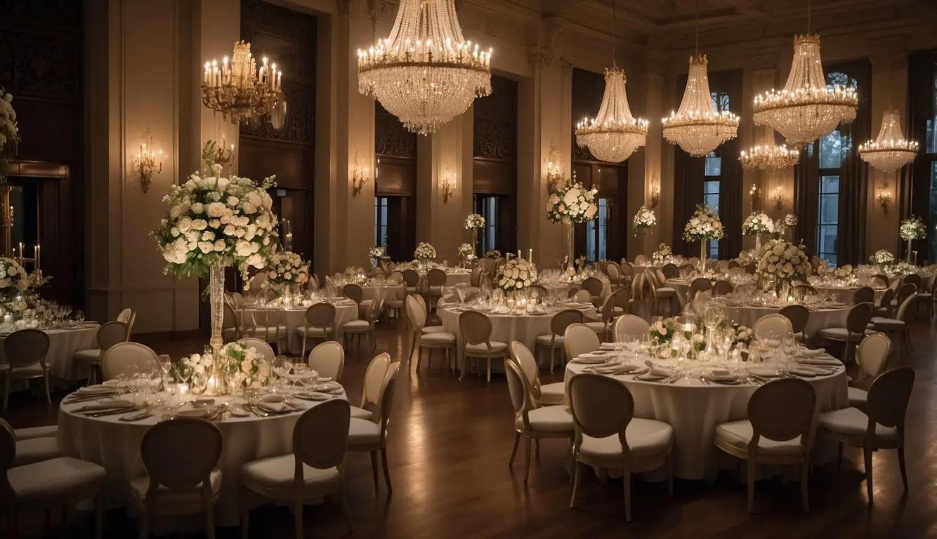 A grand hall with ornate chandeliers and elegant decor. Tables set with fine linens and sparkling glassware. A lavish buffet of Italian cuisine displayed in the center, surrounded by guests mingling and enjoying the ambiance