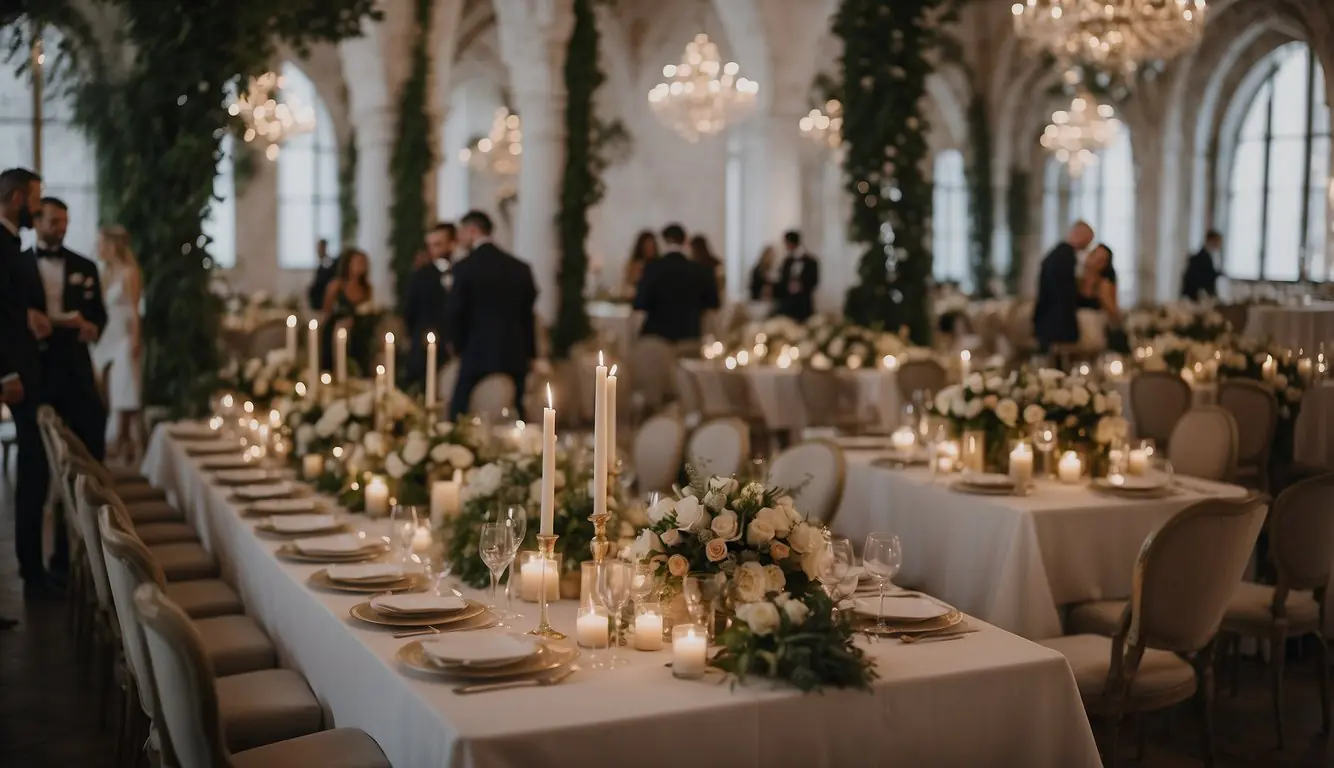 A bustling wedding reception in Milan, with elegant tables adorned with fine linens and exquisite floral centerpieces. Catering staff move gracefully, serving delectable dishes to the delighted guests