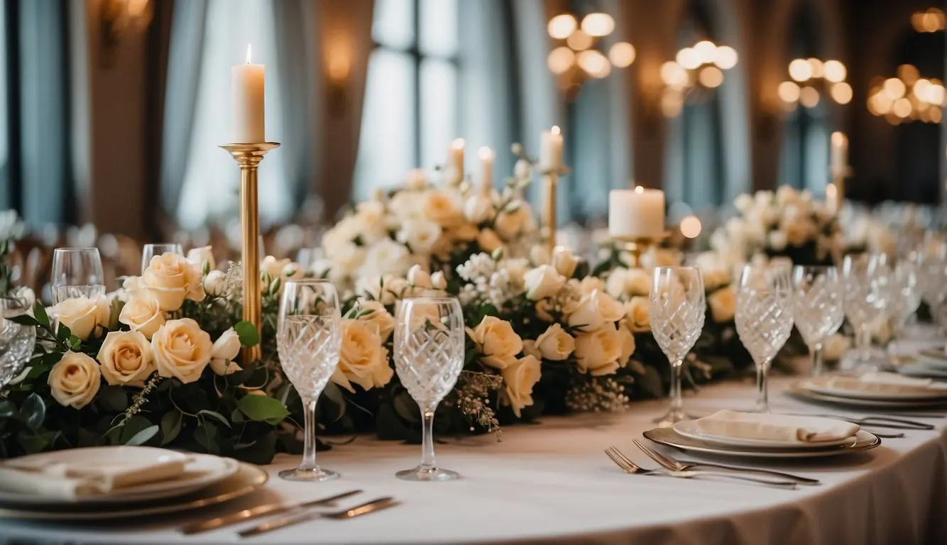 A lavish wedding banquet in Milan, with elegant tables adorned with floral centerpieces, sparkling crystal glasses, and decadent Italian cuisine