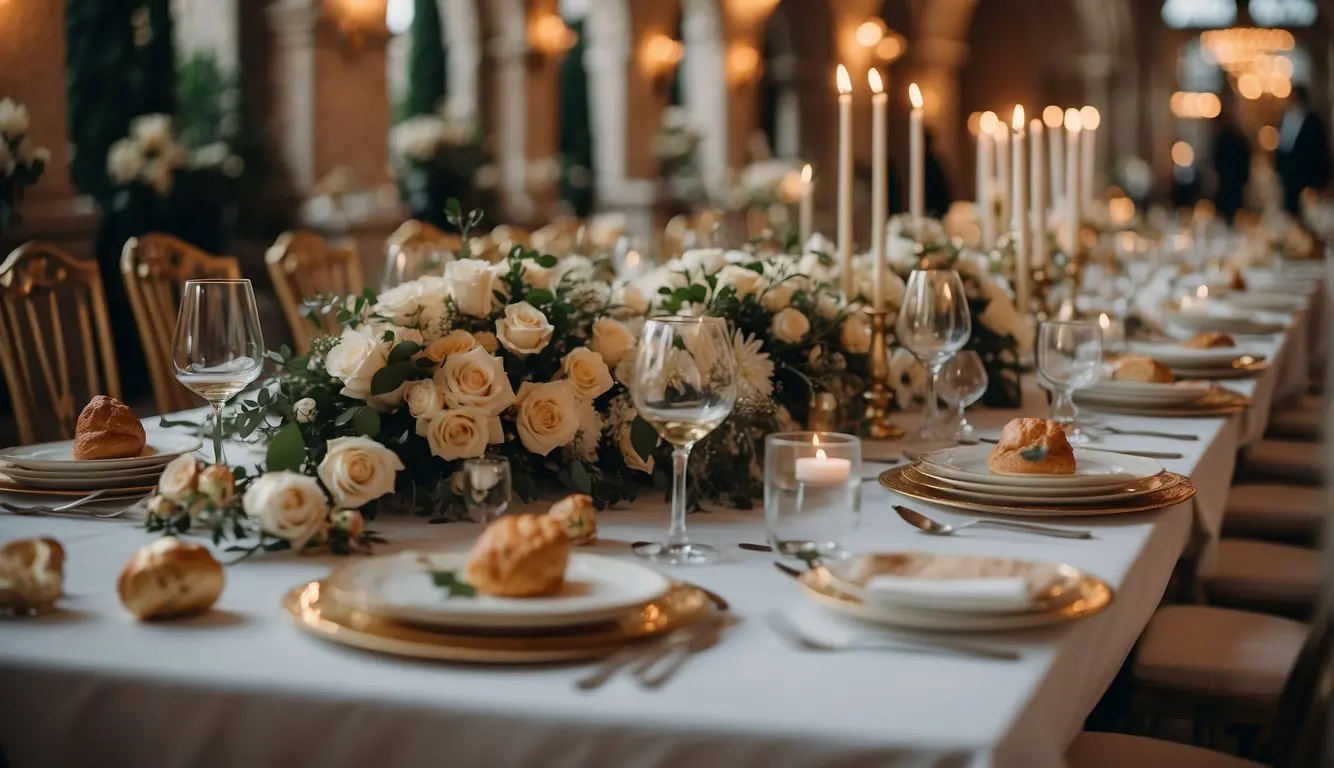 A luxurious wedding banquet in Milan, with elegant table settings and a decadent spread of gourmet cuisine