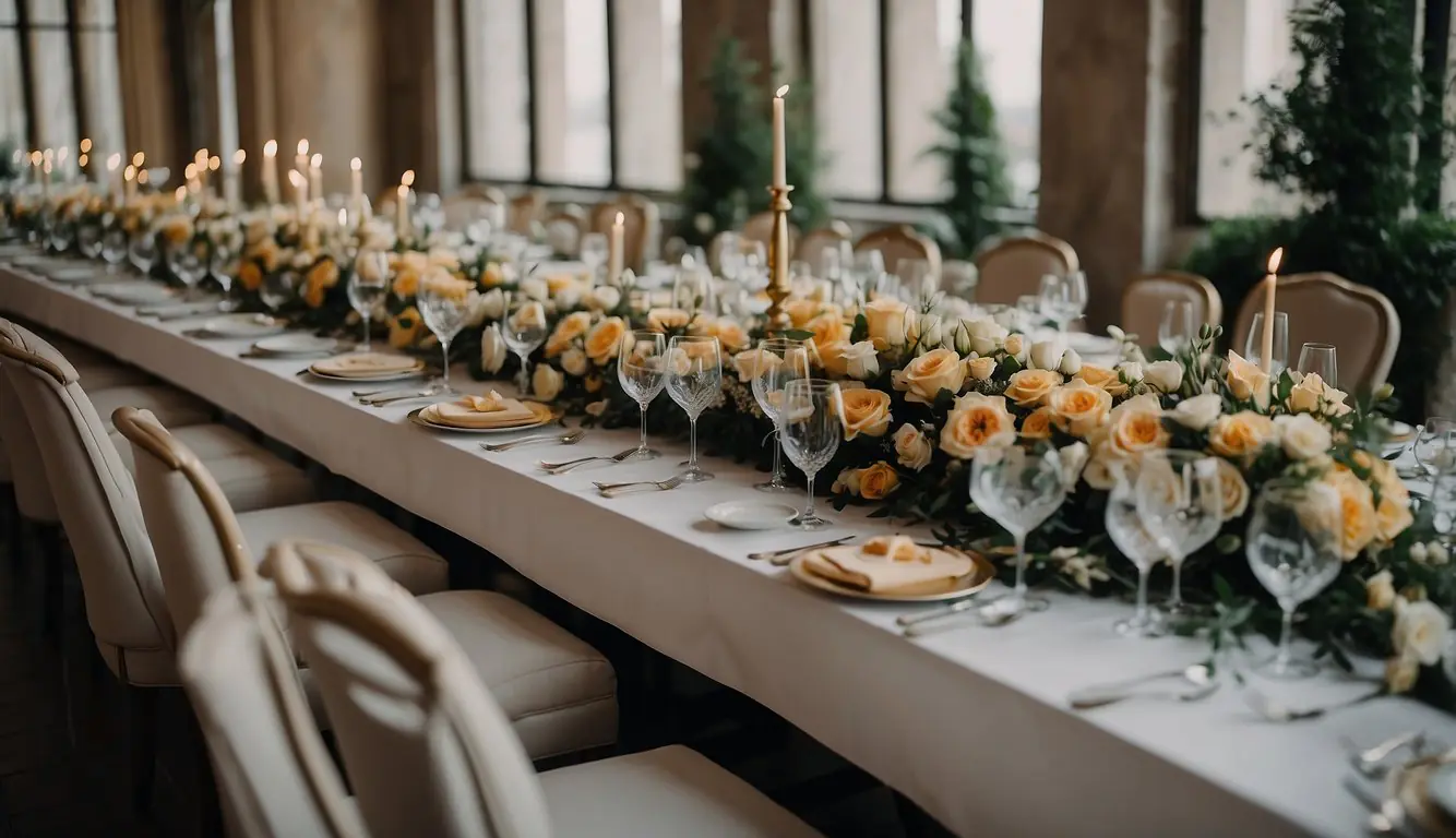 The wedding catering scene in Milan features elegant table settings, exquisite floral arrangements, and a variety of delectable dishes displayed on sleek serving platters