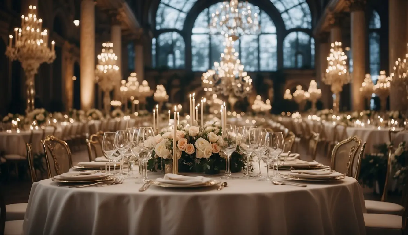 A lavish wedding banquet in Milan with elegant table settings, exquisite floral arrangements, and a grand display of gourmet cuisine