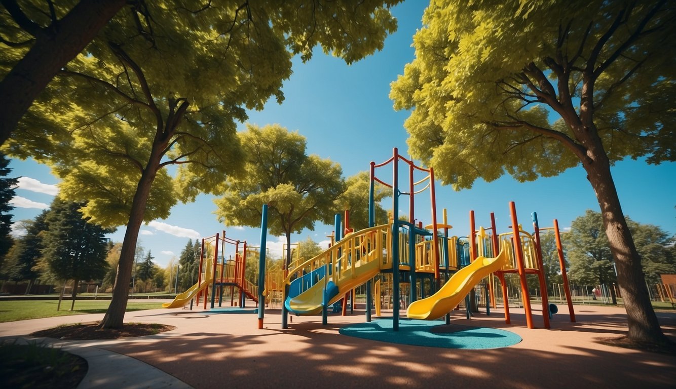 Children playing on colorful swings and slides, surrounded by lush green trees and vibrant flowers in a bustling Milanese playground