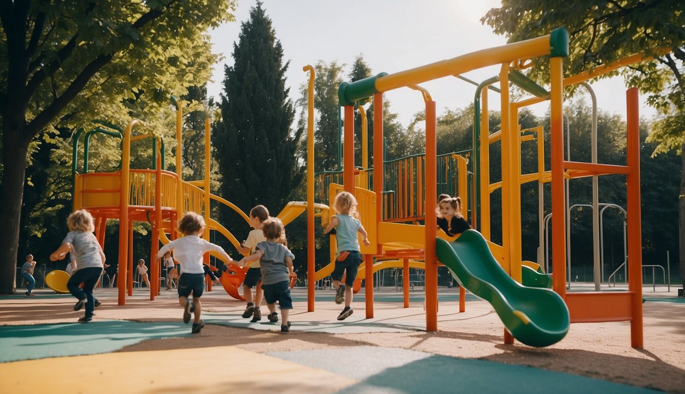 Children playing on colorful equipment in a modern playground in Milan, surrounded by green trees and families enjoying the sunny day