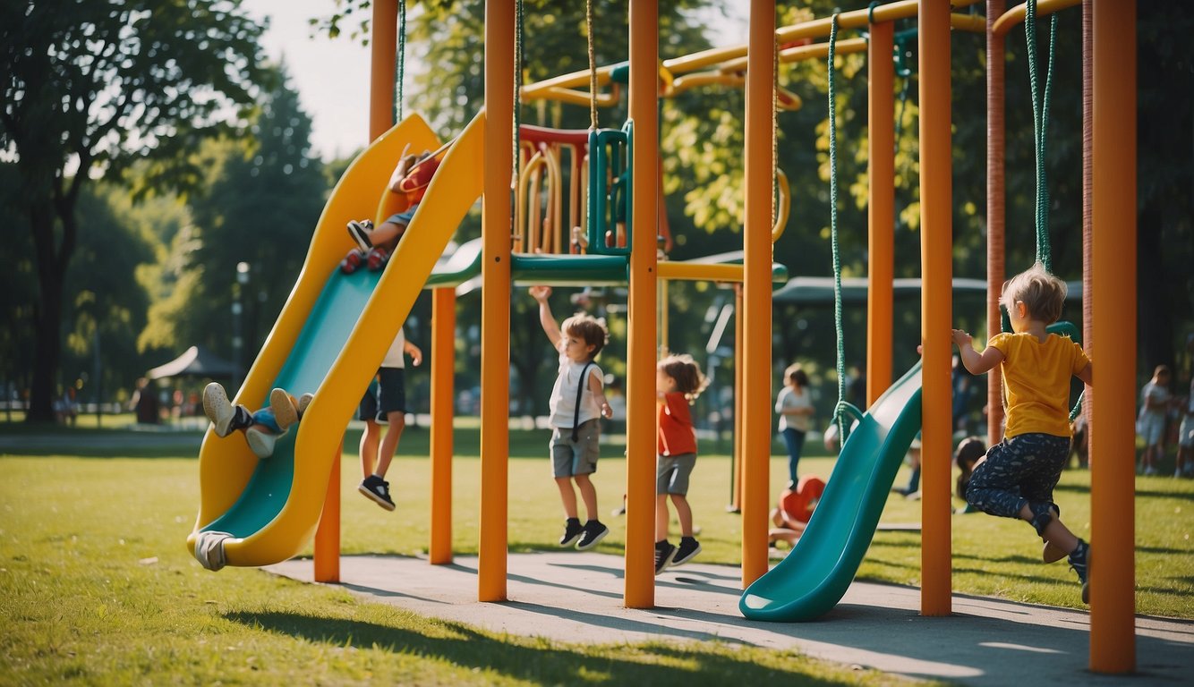 Children playing on colorful jungle gym, swings, and slides in a bustling Milan playground. Trees and greenery surround the area, with families picnicking and enjoying the sunny day