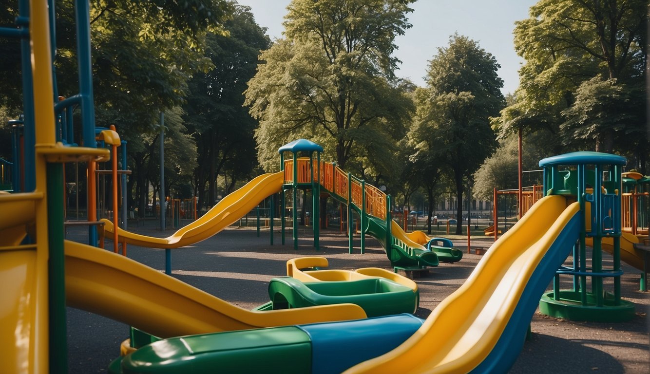 Children playing on colorful slides and swings in a vibrant Milan playground. Lush green trees and benches surround the area, with a backdrop of the city skyline