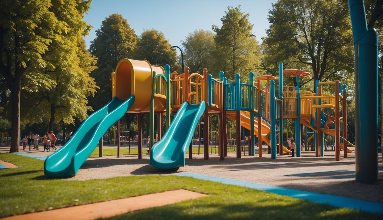 Children playing on swings, slides, and climbing structures in a colorful playground in Milan, with green trees and blue skies in the background