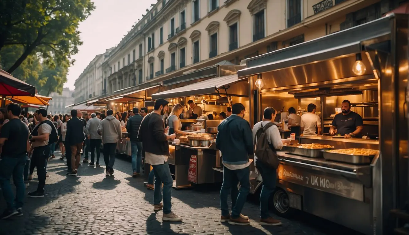 A bustling Milan street lined with food trucks and stalls serving American street food. The aroma of sizzling burgers and hot dogs fills the air as people line up to order