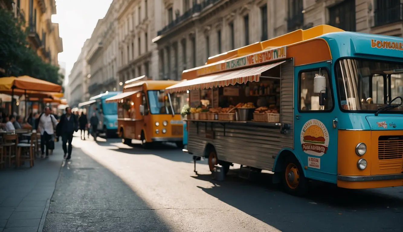 A bustling street in Milan, with colorful food trucks and vibrant signage advertising iconic American street food establishments