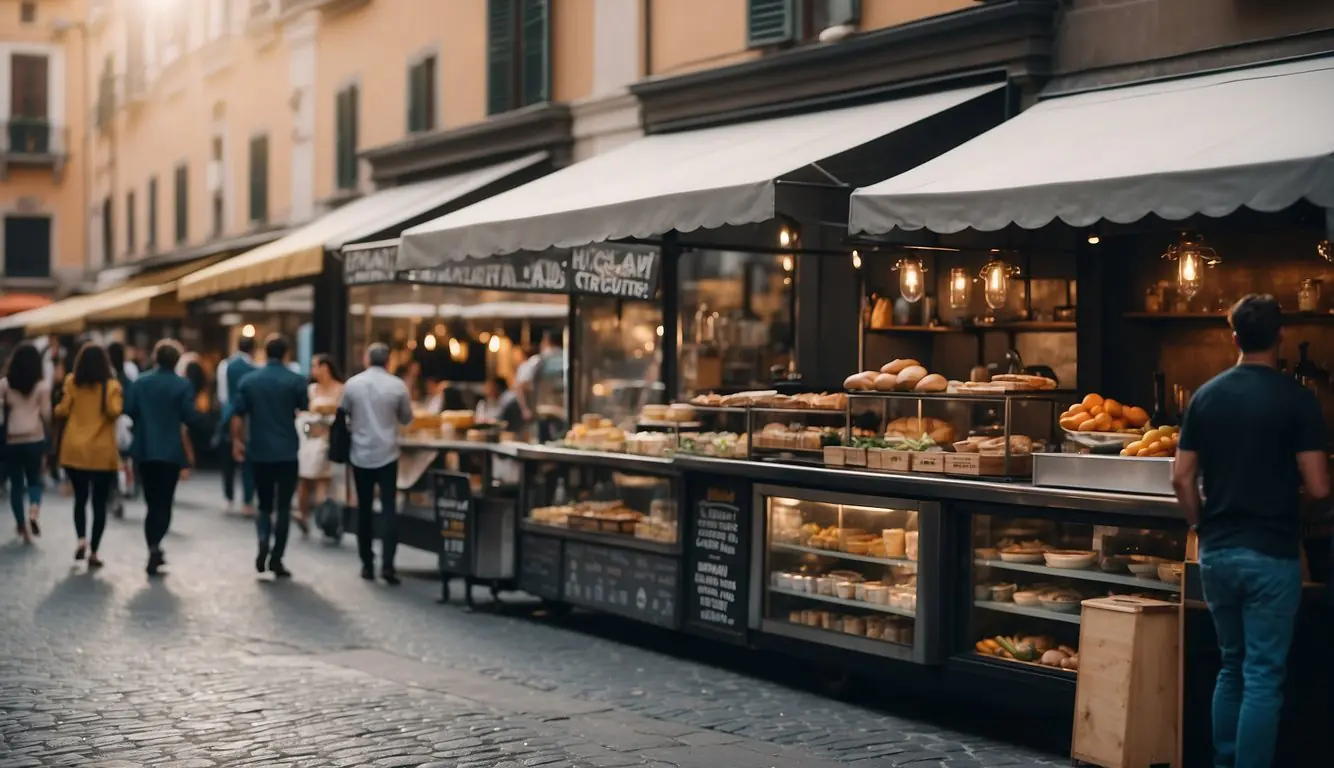 A bustling Milan street lined with food trucks and fashion boutiques. A mix of aromas from sizzling burgers and high-end perfumes fills the air