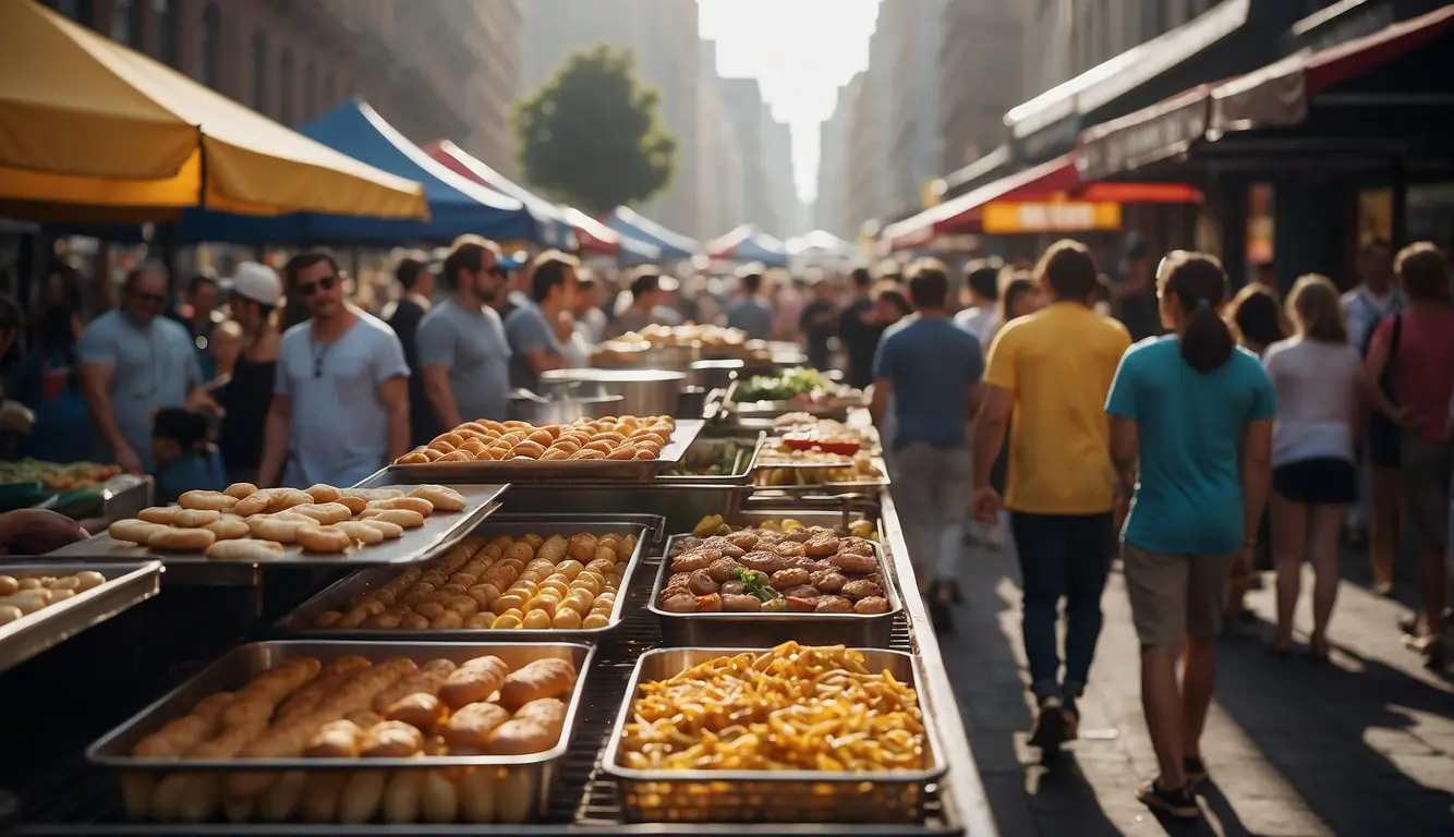 A bustling street market with food stalls and colorful signage, showcasing a variety of American street food. Crowds of people line up to try burgers, hot dogs, and other classic dishes