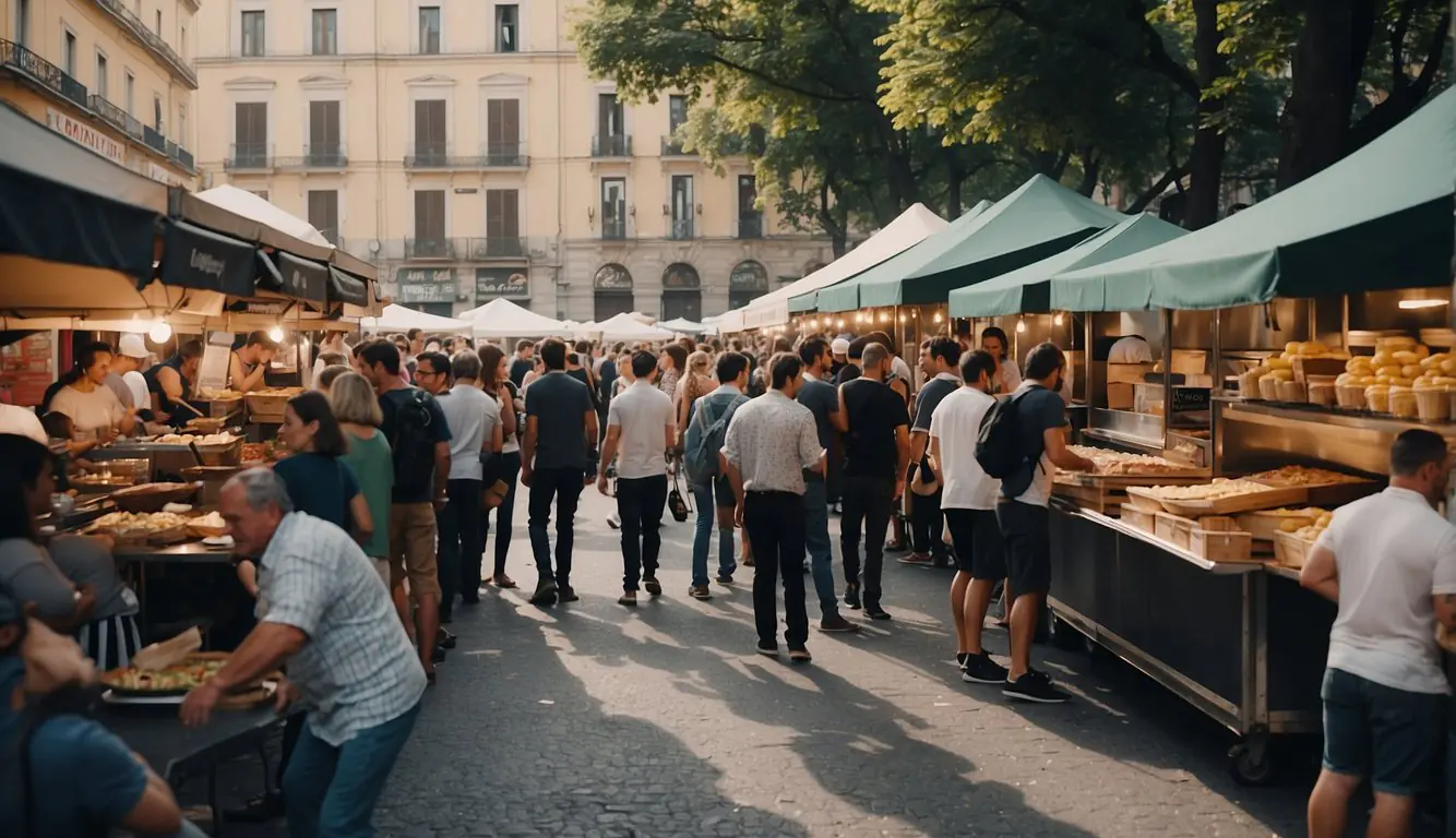 A bustling street in Milan filled with food trucks and vendors selling a variety of American street food, while locals and tourists alike sample the culinary delights