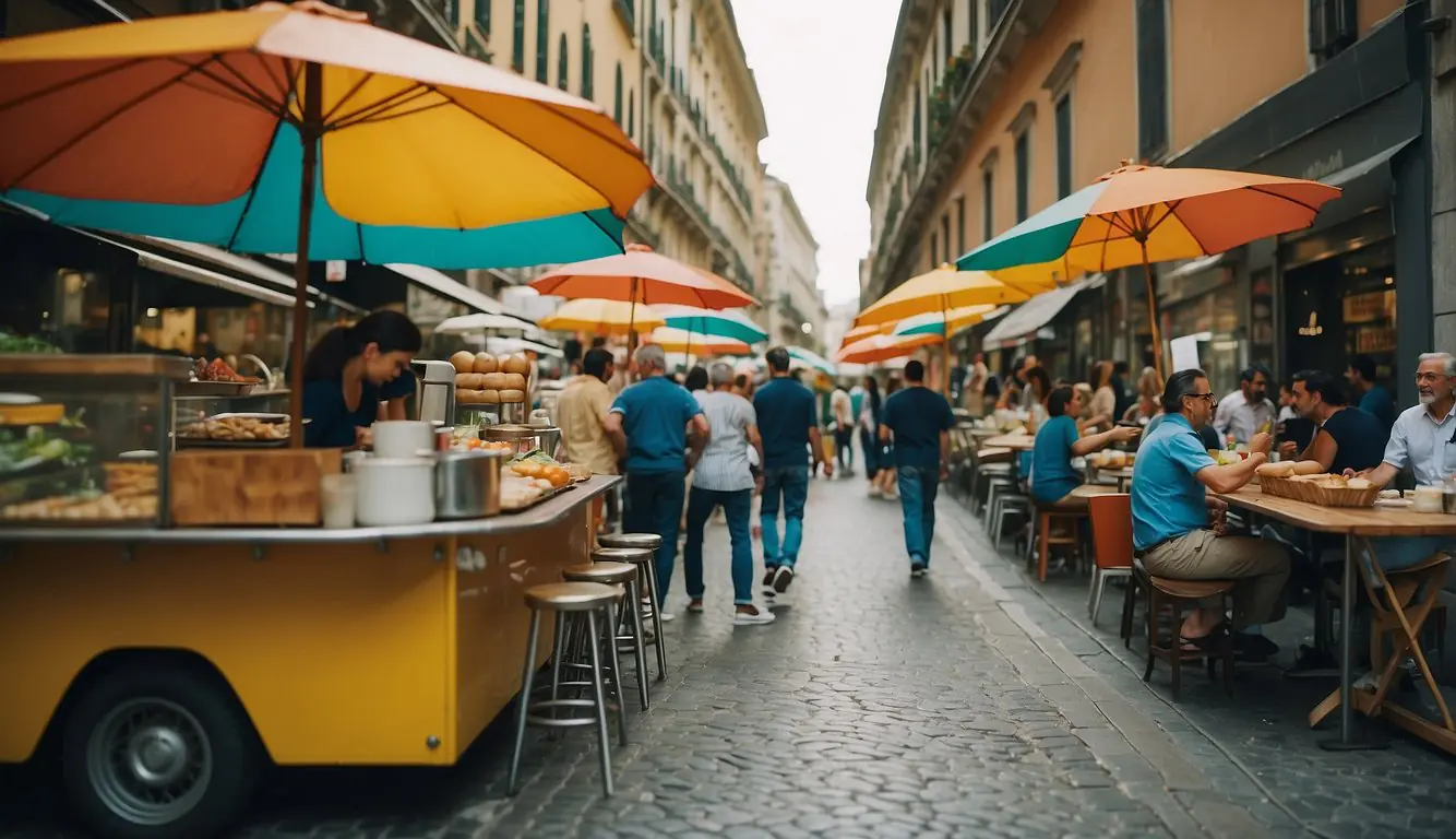 A bustling street in Milan, lined with food trucks and colorful umbrellas, serving up a variety of classic American street eats